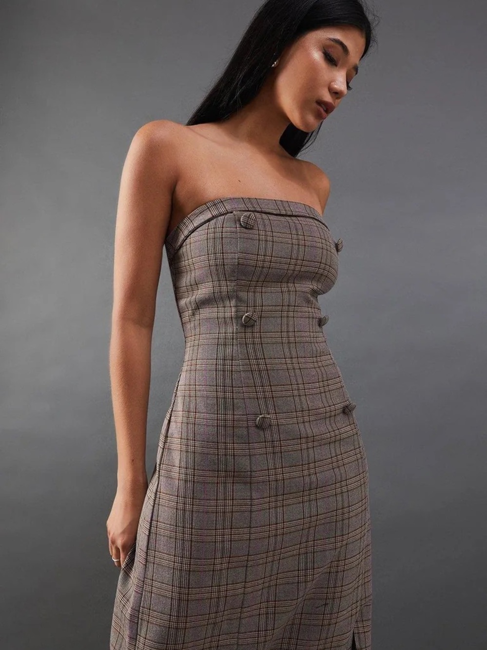 Warehouse Strapless Plaid Midi Dress in Taupe and Brown